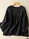 Women Solid Tiered Design Crew Neck Cotton Long Sleeve Blouse - Black