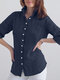Женская сплошная пуговица с длинным рукавом с отворотом спереди Рубашка - Темно-синий