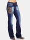 Ethnic Embroidery Solid Color Casual Jeans For Women - Navy