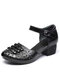 Women's New Elastic Button Design Retro Round Toe Laser Hollow Ethnic Style Heeled Sandals - Black