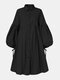 سوليد اللون فستان كاجوال متوسط الطول بأكمام منفوخة بأزرار للنساء - أسود