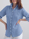 Women Solid Long Sleeve Lapel Button Front Shirt - Blue