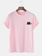 Mens Cotton Cute Cat Solid Color Casual O-Neck Short Sleeve T-Shirt - Pink