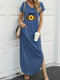 Flower Leopard Letter Print Splited Short Sleeve Maxi Dress For Women - Blue