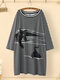 Cat Print Striped Patchwork Long Sleeve Plus Size Dress - Black