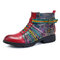SOCOFY New Printing Retro Splicing Stripe Pattern Flat Leather Boots - Red