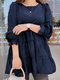 Women Solid Puff Sleeve Tiered Crew Neck Blouse - Navy