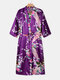 Women Floral Peacock Print Luxury Satin Faux Silk Home Kimono Robes - Purple