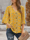 Ditsy Floral Print V-Neck Button Up Flared Sleeve Blouse - Yellow
