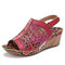 SOCOFY Leather Cutout Floral Snakeskin Printed Open Toe Slingback Wedge Sandals - Red