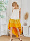 Color Patchwork Sleeveless Straps Ruffled Dress For Women - Yellow