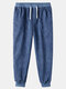 Mens Solid Color Corduroy Drawstring Elastic Cuff Pants With Back Flap Pockets - Blue