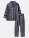Mens Striped Revere Collar Button Up Faux Silk Cozy Pajamas Sets - Navy