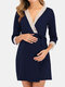 Maternity Lace Spliced Lace-up Three Quarter Sleeves Nursing Pajama Dress - Blue