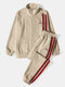 Mens Side Stripe Letter Embroidered Zip Jacket Corduroy Two Pieces Outfits - Khaki