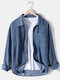 Mens Solid Color Corduroy Designer Chest Pocket Lapel Long Sleeve Shirts - Blue