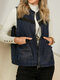 Vintage Floral Stitch Pocket Zip Front Sleeveless Denim Jacket - Blue