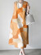 Abstract Color Block Print Crew Neck Casual Sleeveless Dress - Orange