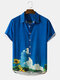 Mens Sunflower Sky Print Button Up Short Sleeve Blue Shirts - Blue