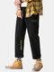 Mens Letter Embroidered Contrast Patched Casual Drawstring Straight Pants - Black