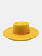 Unisex Woolen Felt Solid Color Bandage Bowknot Decoration Concave Top Fedora Hat - Yellow