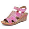 SOCOFY Leather Cutout Adjustable Ankle Strap Slingback Mid Heel Wedge Sandals - Pink
