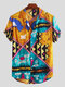 Mens Funny Printing Ethnic Style Short Sleeve Loose Casual Shirt - Yellow