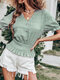 Solid Shirred Ruffle Button V-neck Short Sleeve Blouse - Green