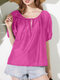 Women Solid Tie Neck Puff Sleeve Casual Blouse - Rose