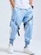 Mens Side Stripe Letter Tape Design Multi Pocket Street Cargo Pants - Blue
