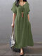 Solide Tasche V-Ausschnitt Kurzarm Maxi Vintage Kleid - Dunkelgrün