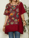 Vintage Flowers Print Pocket Patchwork Plus Size T-shirt - Wine Red