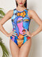 Plus Size Graffiti Abstract Print Patchwork Sleeveless One Pieces Swimsuit - Blue