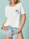 Butterflies Print Pocket Short Sleeve O-neck Casual T-Shirt For Women - White