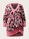 Plus Size Casual Leopard Print V-neck Patchwork Sweater - Red