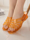 Women Home Summer Comfy Hollow Out Casual Crystal Wedges Slippers - Orange Yellow