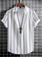 Mens Striped Lapel Collar Casual Short Sleeve Shirts - White