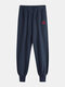 Mens Cotton Linen Chinese Style Loose Embroidered Pants - Navy Blue