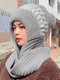 Women Knitted Plus Velvet Color-match Pleated Stripes Fur Ball Decoration One-piece Scarf Hat Anti-cold Ear Protection Beanie Hat - Gray