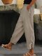 Women Solid Side Split Button Cuff Cotton Cropped Pants - Khaki