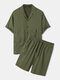 Mens 100% Cotton Cargo Style Revere Collar Loose Two Pieces Outfits - Green