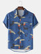 Mens Crane Print Cotton Casual Short Sleeve Shirts With Pocket - Blue