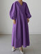 Casual V-neck Puff Sleeve Solid Color Pleated Midi Dress - Purple