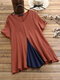 Patchwork V-neck Short Sleeve Plus Size Casual Blouse - Red