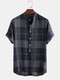 Mens 100% Cotton Plaid Casual Loose Stand Collar Henley Shirt - Blue