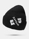 Unisex Knitted Solid Color Letter Raw Edge Patch Flanging All-match Warmth Beanie Hat - Black