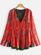 Print Patchwork V-neck Long Sleeve Plus Size Blouse - Red