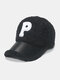 Unisex Lambswool Plush PU Patchwork Color Contrast P Letter Patch Autumn Winter Outdoor Warmth Baseball Cap - Black