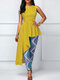 Irregular Asymmetrical Solid Color O-neck Sleeveless Shirt For Women - Yellow