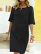 Women Solid Half Sleeve Notch Neck Vintage Dress - Black